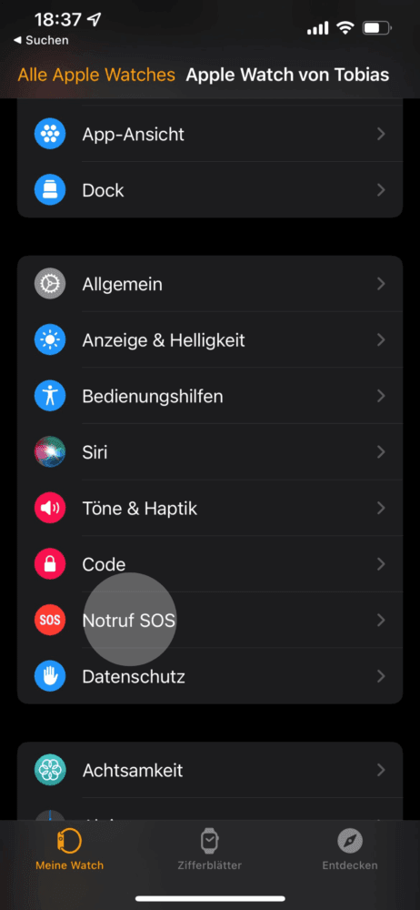 Wähle die Funktion "Notruf SOS" aus