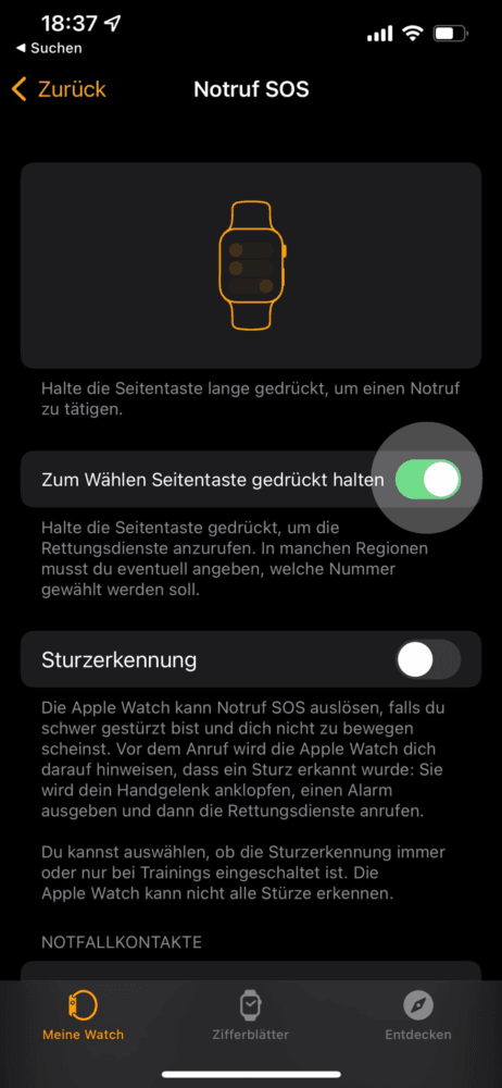 Danach kannst du die Notruf-Funktion deaktivieren