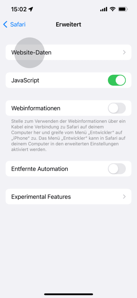 iPhone Cache löschen über Website-Daten