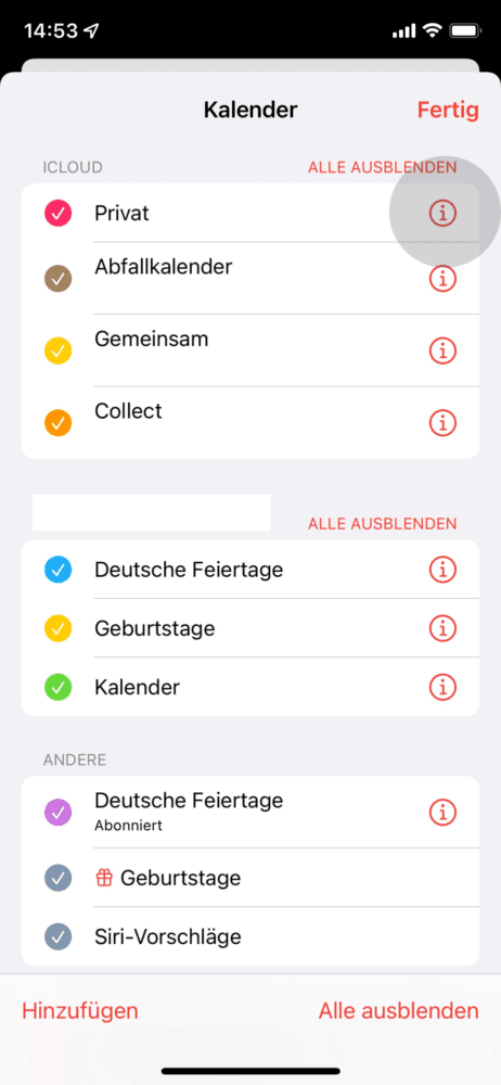 Suche einen Kalender aus den du teilen möchtest und klicke rechts auf das "i"