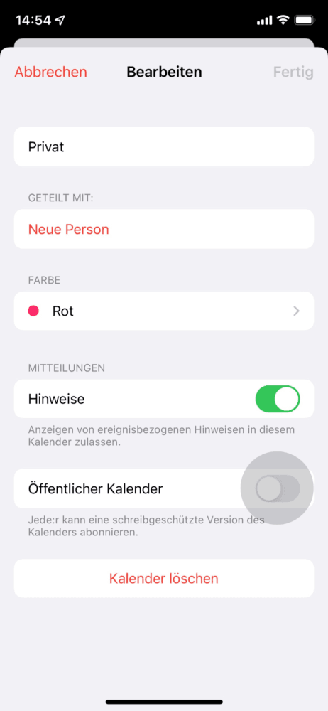 Stelle den Schieberegler für "Öffentlicher Kalender" ein, so dass er grün erscheint