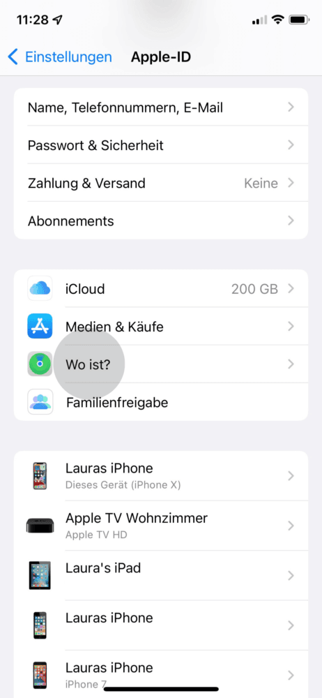 Tippe auf deine Apple ID und dann weiter zu "Wo ist?"