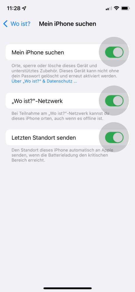 Jetzt kannst du die Einstellungen "Wo ist"-Netzwerk und "Letzter Standort senden" aktivieren, um dein iPhone orten zu können