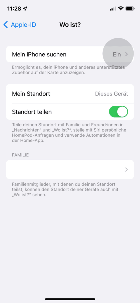 Gehe weiter zu der Option "Mein iPhone suchen" 