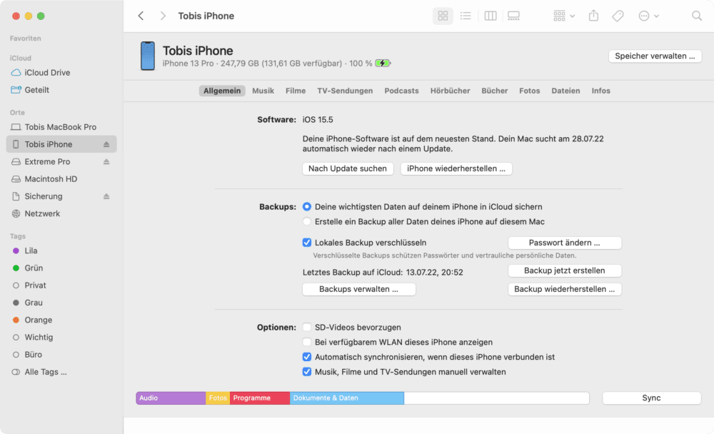 iPhone wechseln und vorher Backup per Finder