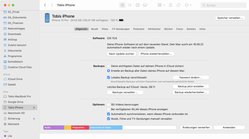 iPhone Backup auf externe Festplatte erstellen am Mac