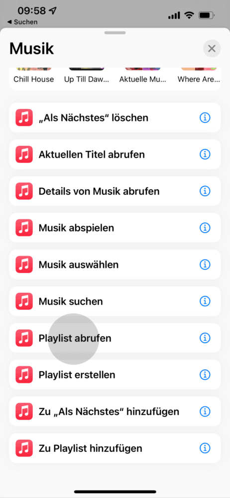 Aktionen aus der Liste auswählen