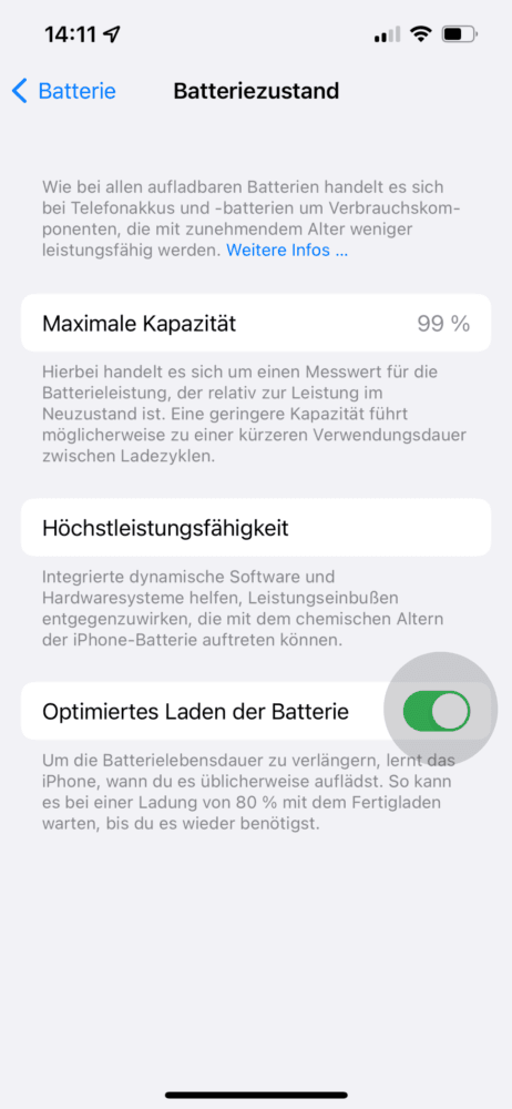 Am iPhone optimiertes Laden aktivieren