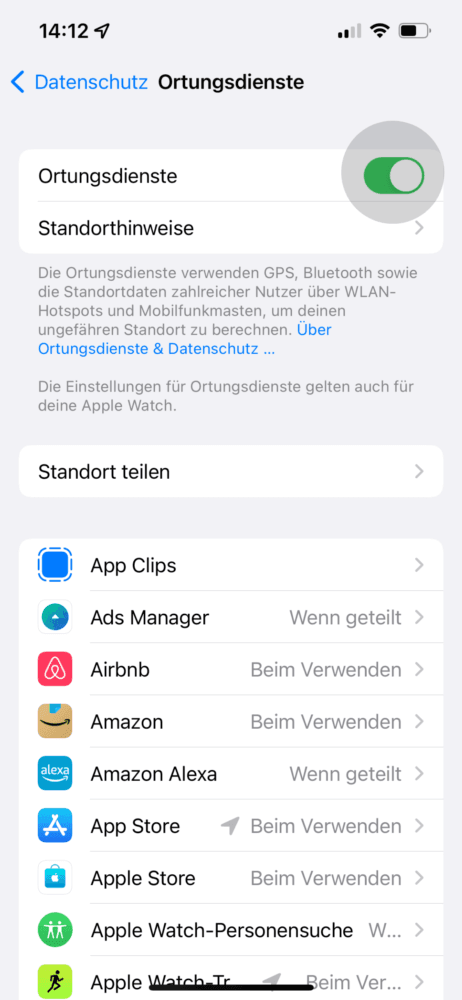 Ortungsdienste für optimiertes Laden einschalten