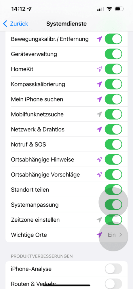 Systemanpassung und Wichtige Orte aktivieren