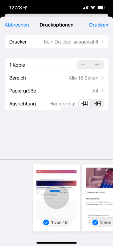 Vorschau antippen, um PDF erstellen zu können