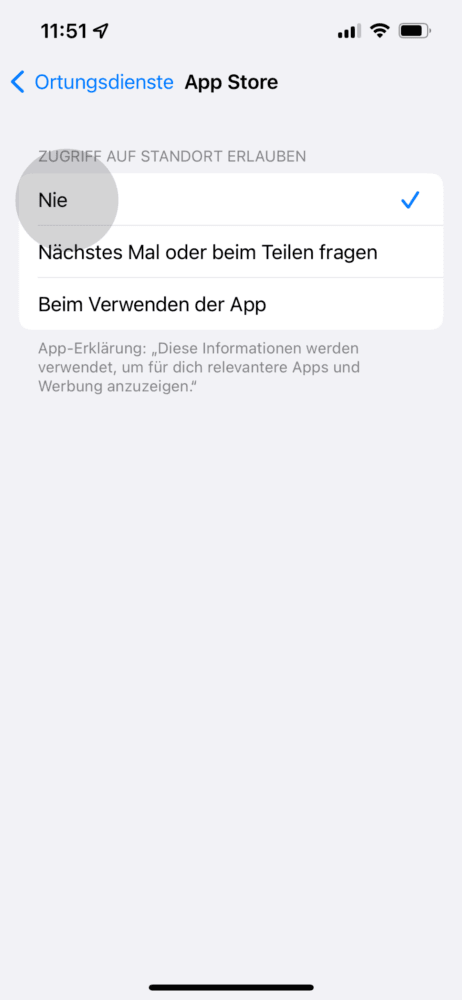 Ortungsdienste für Mitteilungszentrale ändern