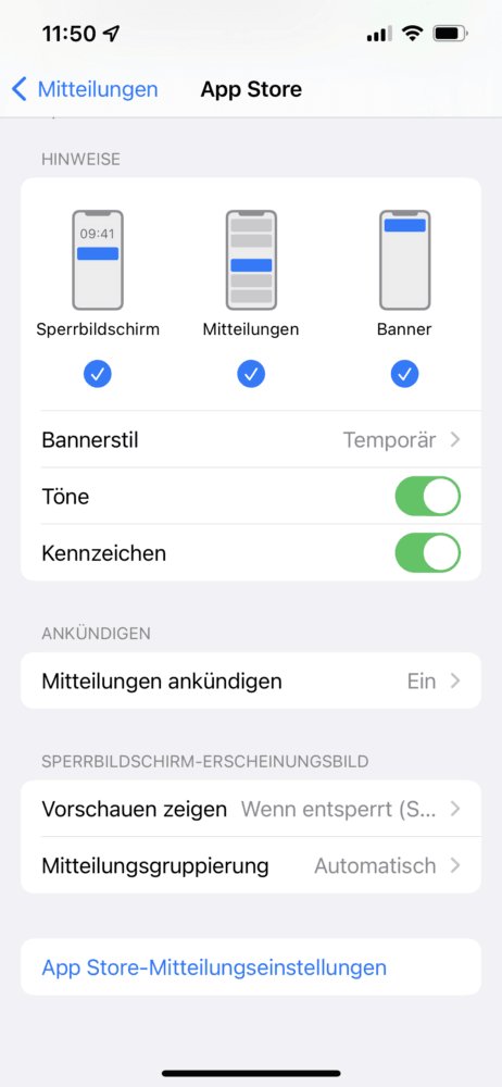 Mitteilungszentrale einstellen