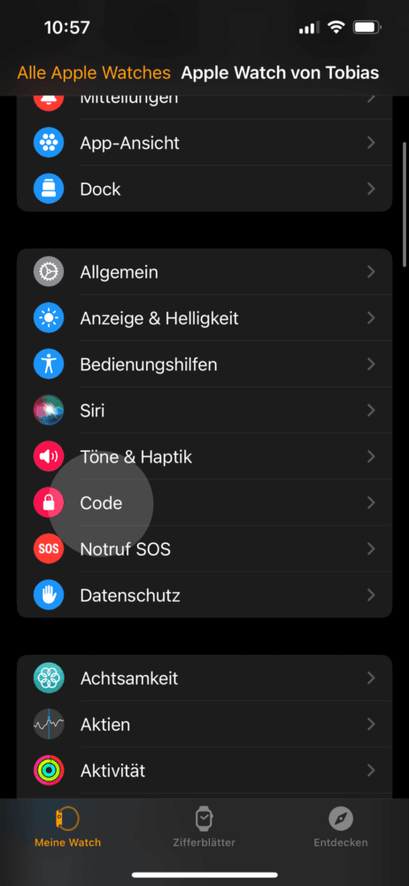 Code Einstellungen in Watch App öffnen