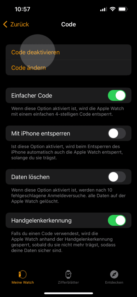 Apple Watch Code deaktivieren