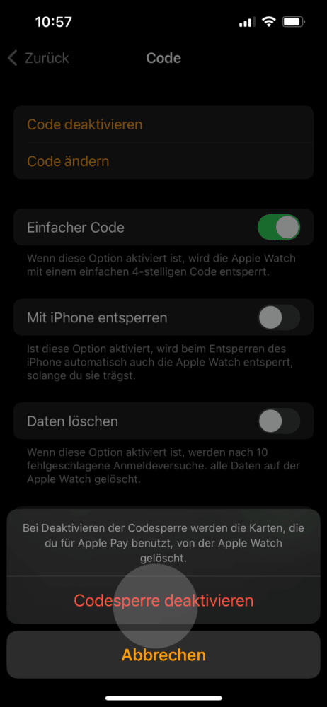 Code entfernen bestätigen
