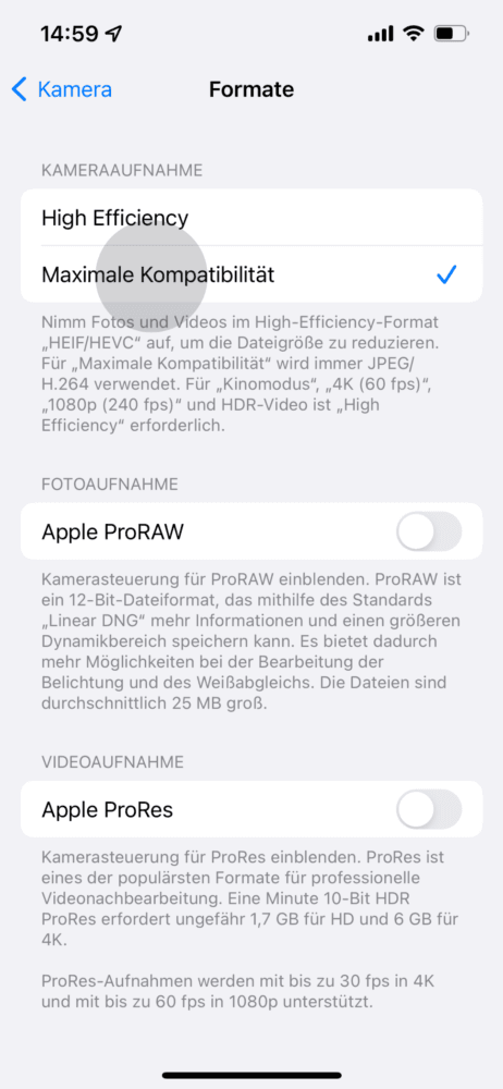 Am iPhone JPG statt HEIC auswählen